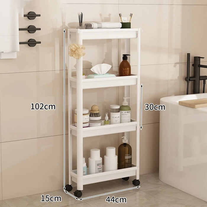 44x15x102cm 4-Tier Bathroom Gap Storage Cart with Wheels Floor Standing Rack Organizer Shelf for Bathroom Kitchen - White - 1