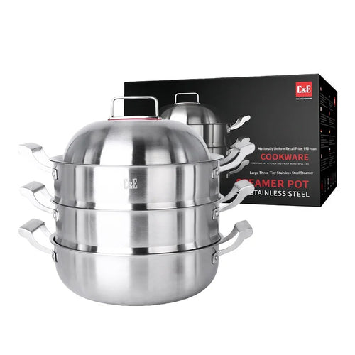 C&E 304 Stainless Steel 3 Layer Steamer Pot 26cm Multi-Function Cookware for Kitchen Cooking (BPA Free, No FDA) - 260mm Diameter - 1