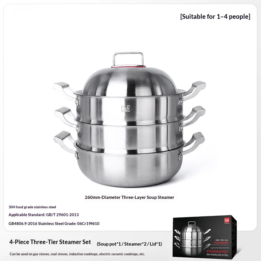 C&E 304 Stainless Steel 3 Layer Steamer Pot 26cm Multi-Function Cookware for Kitchen Cooking (BPA Free, No FDA) - 260mm Diameter - 4