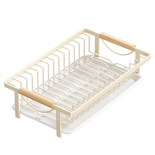 Kitchen Dish Drying Rack Pull-out Drip Tray Carbon Steel Frame Wooden Handle for Bowls Plates Storage - White - 1