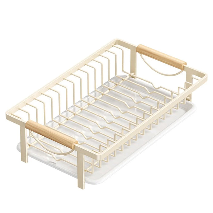 Kitchen Dish Drying Rack Pull-out Drip Tray Carbon Steel Frame Wooden Handle for Bowls Plates Storage - White - 1