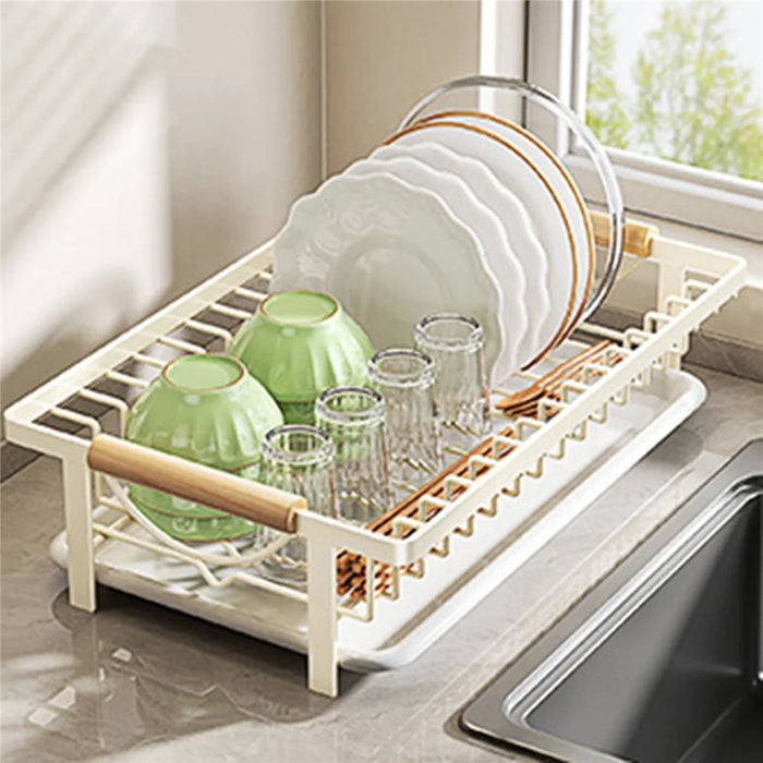 Kitchen Dish Drying Rack Pull-out Drip Tray Carbon Steel Frame Wooden Handle for Bowls Plates Storage - White - 2