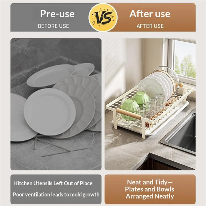 Kitchen Dish Drying Rack Pull-out Drip Tray Carbon Steel Frame Wooden Handle for Bowls Plates Storage - White - 3