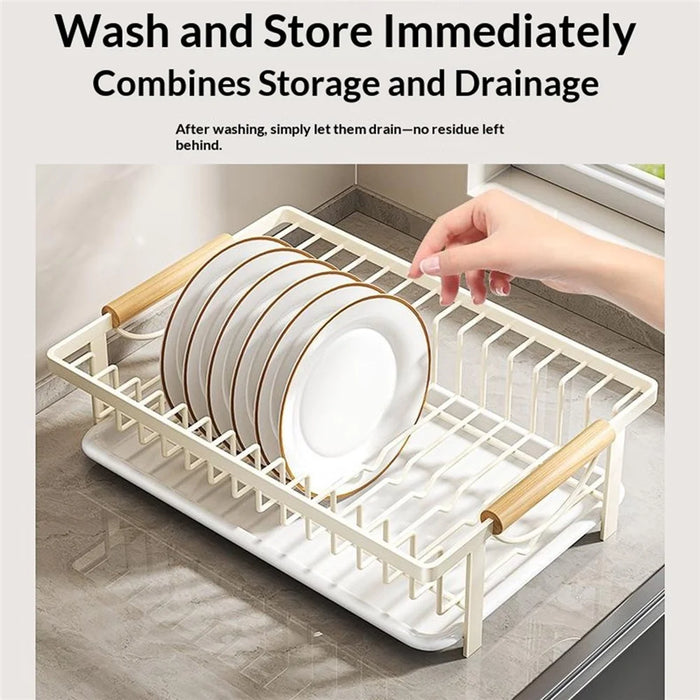 Kitchen Dish Drying Rack Pull-out Drip Tray Carbon Steel Frame Wooden Handle for Bowls Plates Storage - White - 5