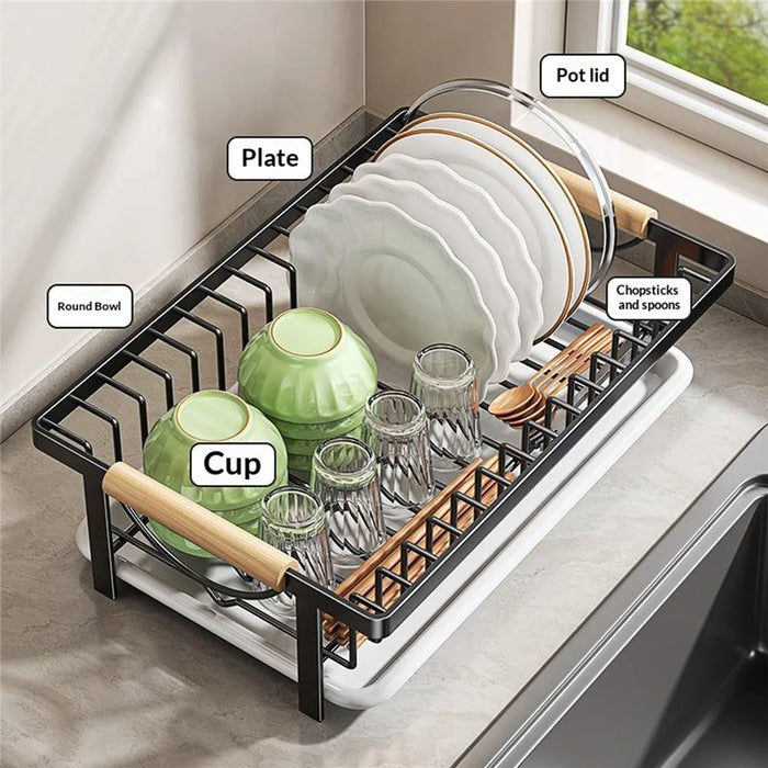 Kitchen Dish Drying Rack Pull-out Drip Tray Carbon Steel Frame Wooden Handle for Bowls Plates Storage - White - 6