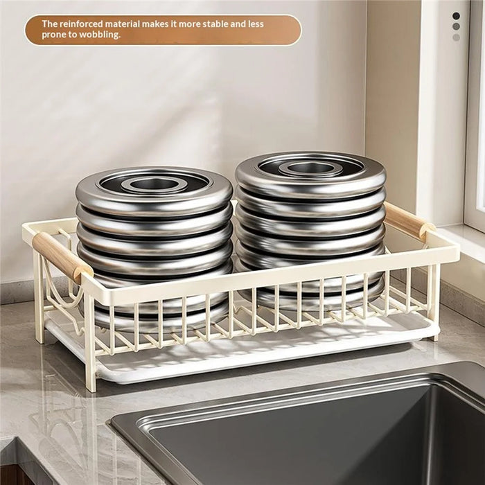 Kitchen Dish Drying Rack Pull-out Drip Tray Carbon Steel Frame Wooden Handle for Bowls Plates Storage - White - 7