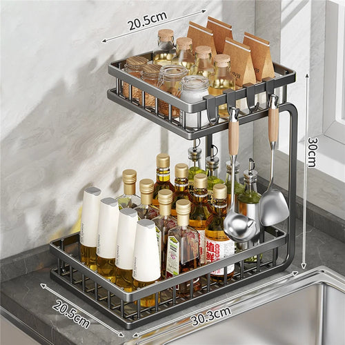 2-Tier Carbon Steel Spice Rack Kitchen Counter Organizer Storage Shelf with Safety Guardrails - Tarnish Grey - 1