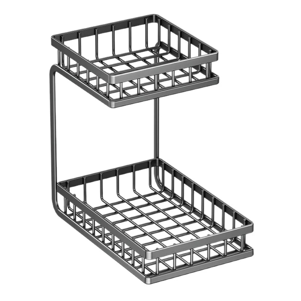 2-Tier Carbon Steel Spice Rack Kitchen Counter Organizer Storage Shelf with Safety Guardrails - Tarnish Grey - 2