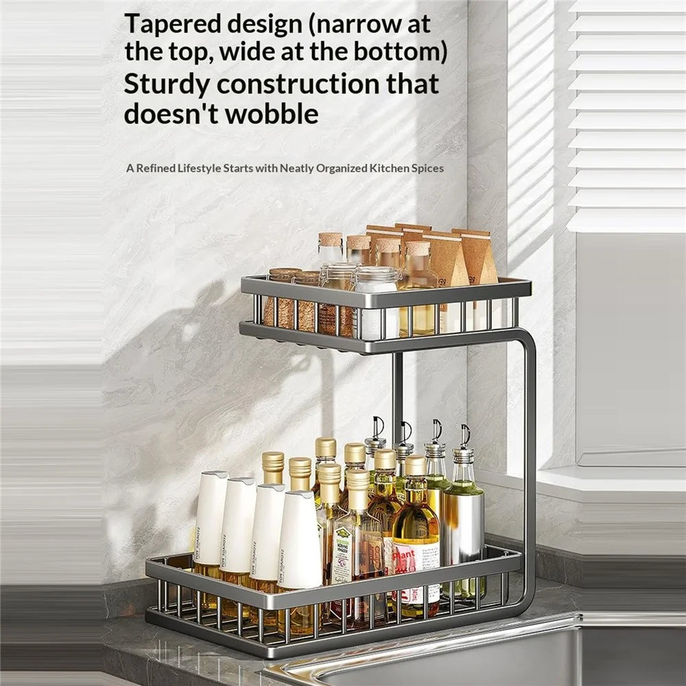 2-Tier Carbon Steel Spice Rack Kitchen Counter Organizer Storage Shelf with Safety Guardrails - Tarnish Grey - 4