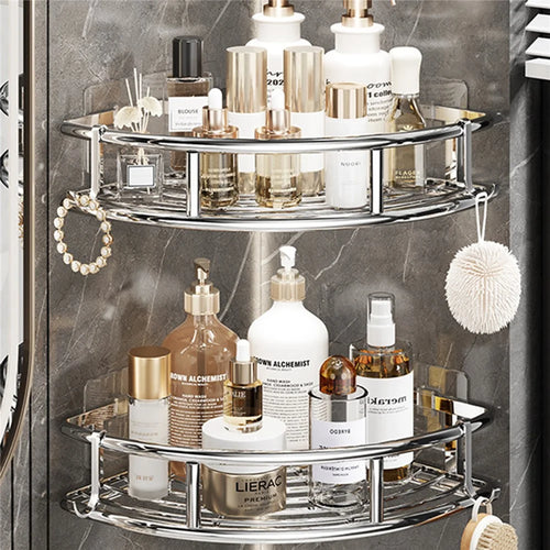 2Pcs Triangle Corner Shelf No Punch 201 Stainless Steel Bathroom Storage Rack with Hook - Bright Color - 1