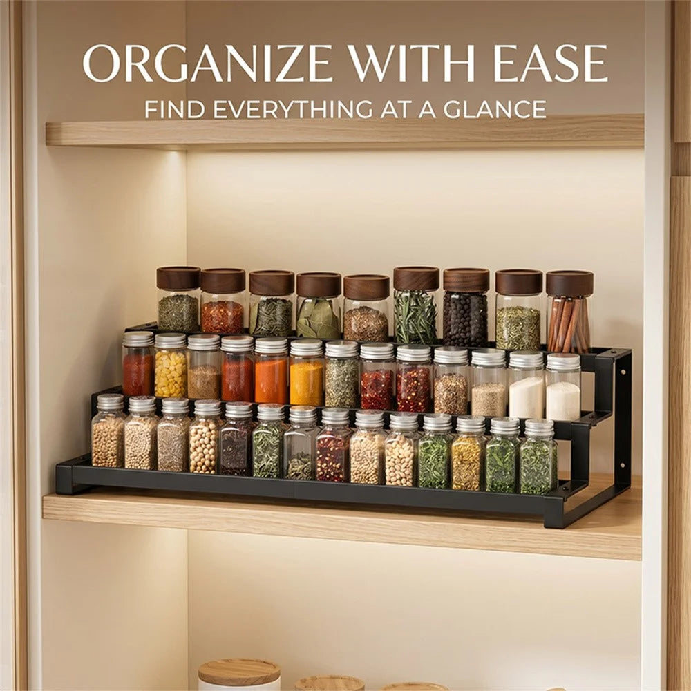 3-Tier Expandable Spice Rack 36.8-66.5cm Adjustable Kitchen Cabinet Organizer for Seasoning - Black - 2