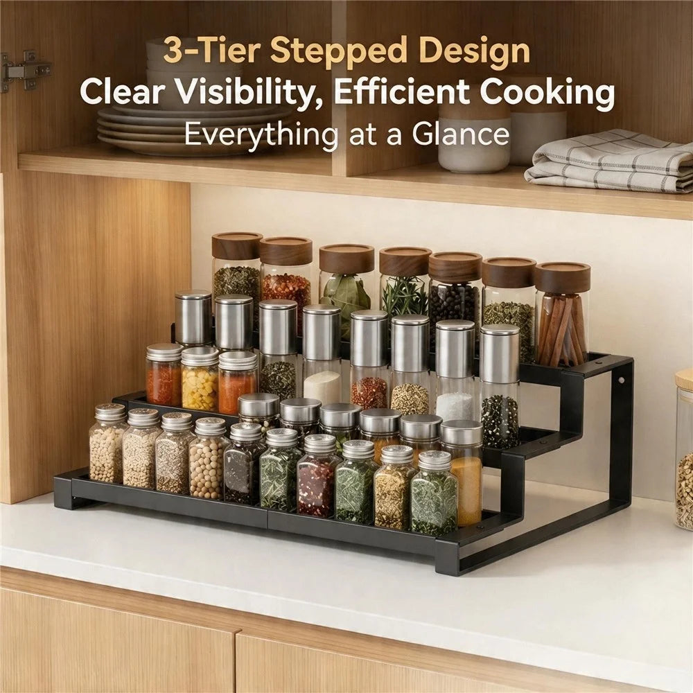 3-Tier Expandable Spice Rack 36.8-66.5cm Adjustable Kitchen Cabinet Organizer for Seasoning - Black - 3