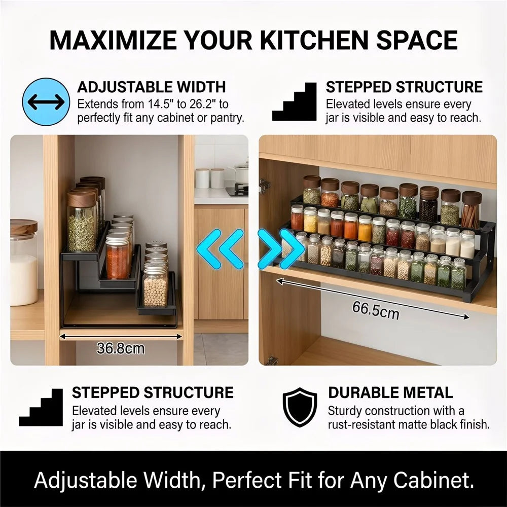 3-Tier Expandable Spice Rack 36.8-66.5cm Adjustable Kitchen Cabinet Organizer for Seasoning - Black - 4