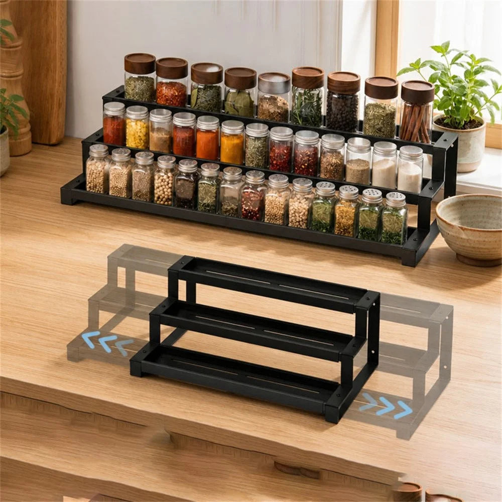 3-Tier Expandable Spice Rack 36.8-66.5cm Adjustable Kitchen Cabinet Organizer for Seasoning - Black - 5