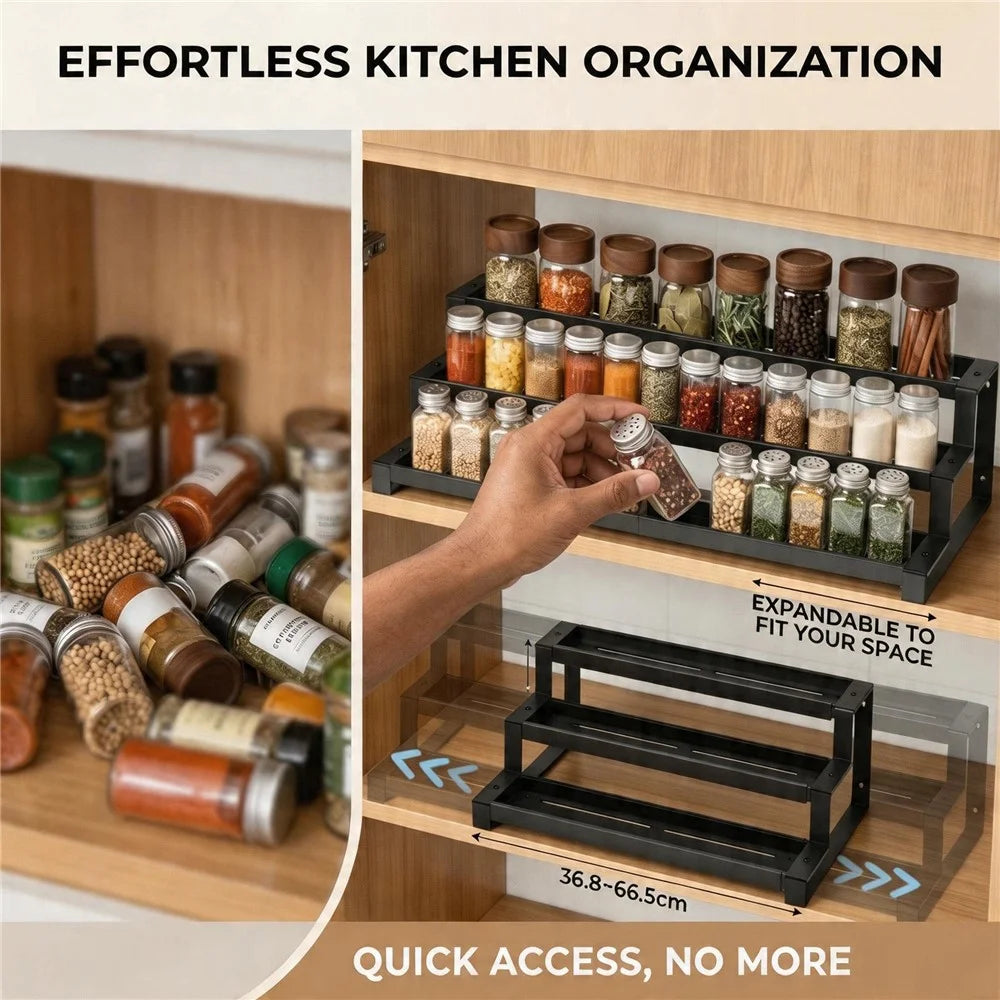 3-Tier Expandable Spice Rack 36.8-66.5cm Adjustable Kitchen Cabinet Organizer for Seasoning - Black - 6
