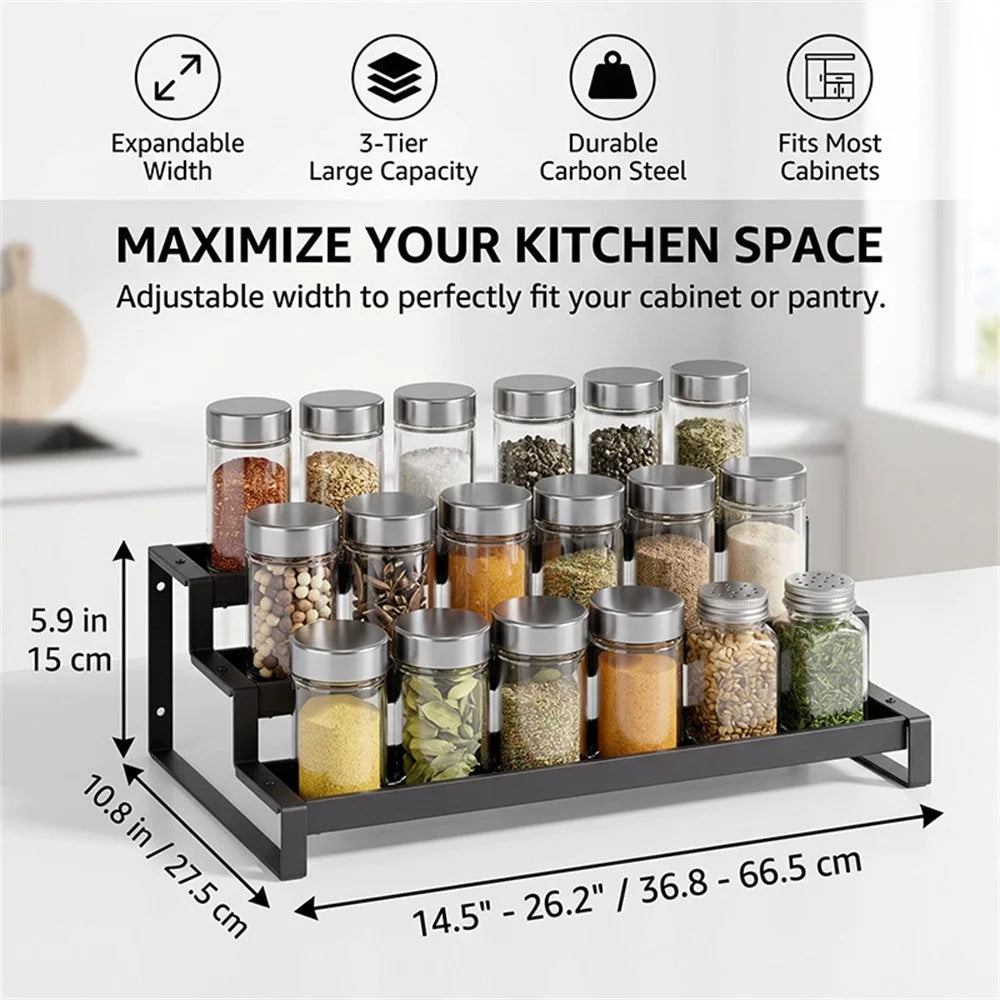 3-Tier Expandable Spice Rack 36.8-66.5cm Adjustable Kitchen Cabinet Organizer for Seasoning - Black - 7