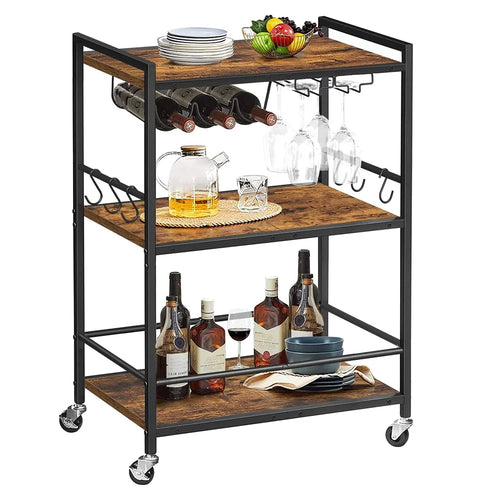 3-Tier Rolling Bar Cart Kitchen Storage Rack Trolley with Wine Bottle Holder for Kitchen Living Room - Black - 1