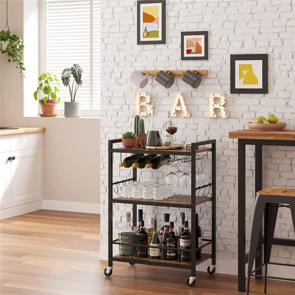 3-Tier Rolling Bar Cart Kitchen Storage Rack Trolley with Wine Bottle Holder for Kitchen Living Room - Black - 2