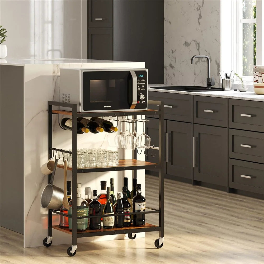 3-Tier Rolling Bar Cart Kitchen Storage Rack Trolley with Wine Bottle Holder for Kitchen Living Room - Black - 3