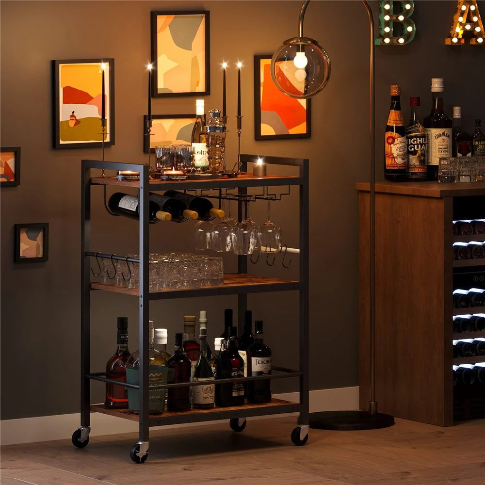 3-Tier Rolling Bar Cart Kitchen Storage Rack Trolley with Wine Bottle Holder for Kitchen Living Room - Black - 4