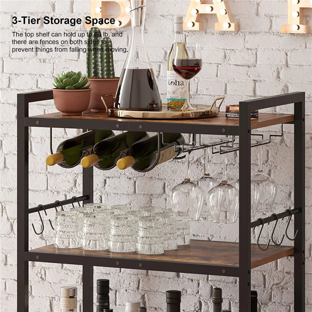3-Tier Rolling Bar Cart Kitchen Storage Rack Trolley with Wine Bottle Holder for Kitchen Living Room - Black - 5