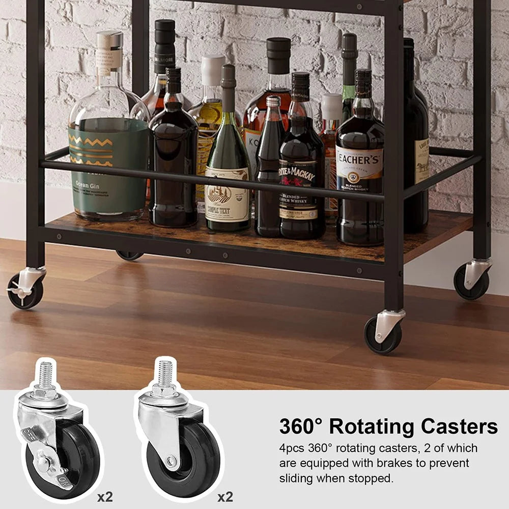3-Tier Rolling Bar Cart Kitchen Storage Rack Trolley with Wine Bottle Holder for Kitchen Living Room - Black - 6