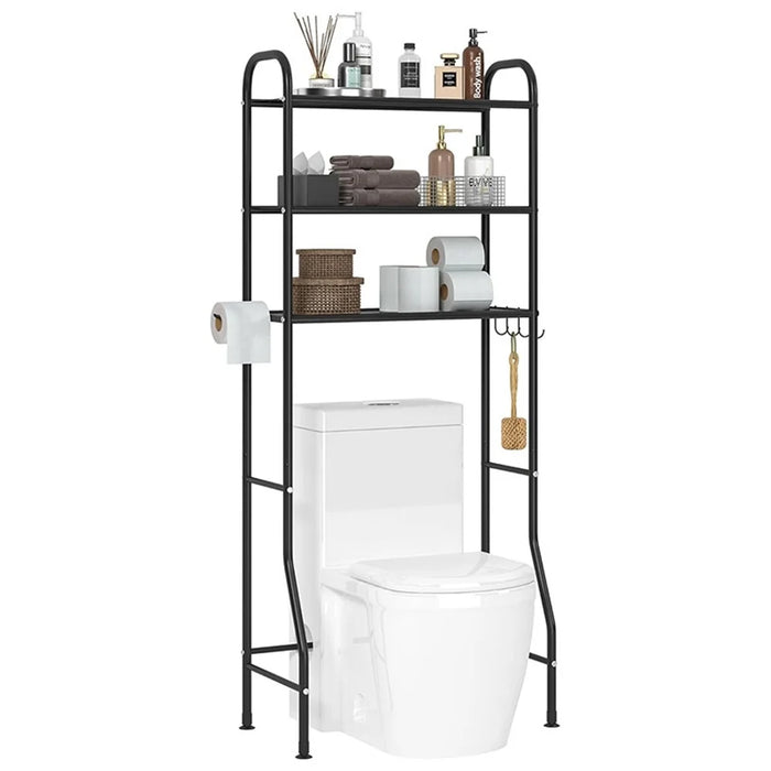 3-Tier Over Toilet Storage Rack Iron Bathroom Organizer Shelf with Tissue Holder Hooks - 1