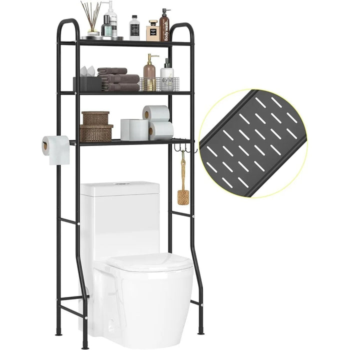 3-Tier Over Toilet Storage Rack Iron Bathroom Organizer Shelf with Tissue Holder Hooks - 2