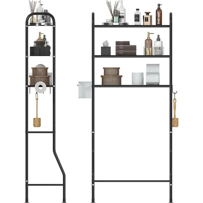 3-Tier Over Toilet Storage Rack Iron Bathroom Organizer Shelf with Tissue Holder Hooks - 3