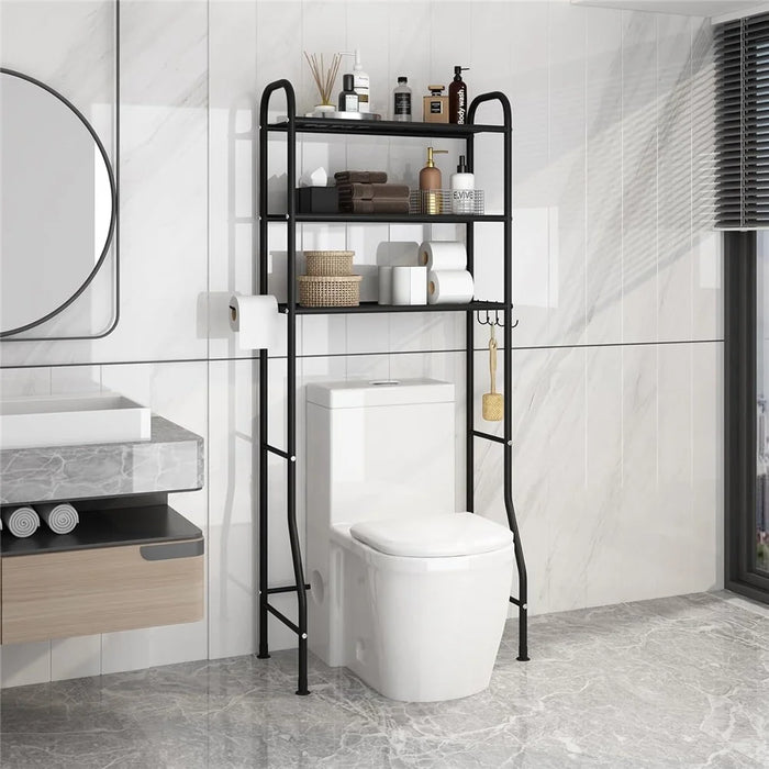 3-Tier Over Toilet Storage Rack Iron Bathroom Organizer Shelf with Tissue Holder Hooks - 4