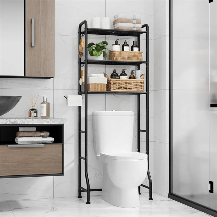 3-Tier Over Toilet Storage Rack Iron Bathroom Organizer Shelf with Tissue Holder Hooks - 7
