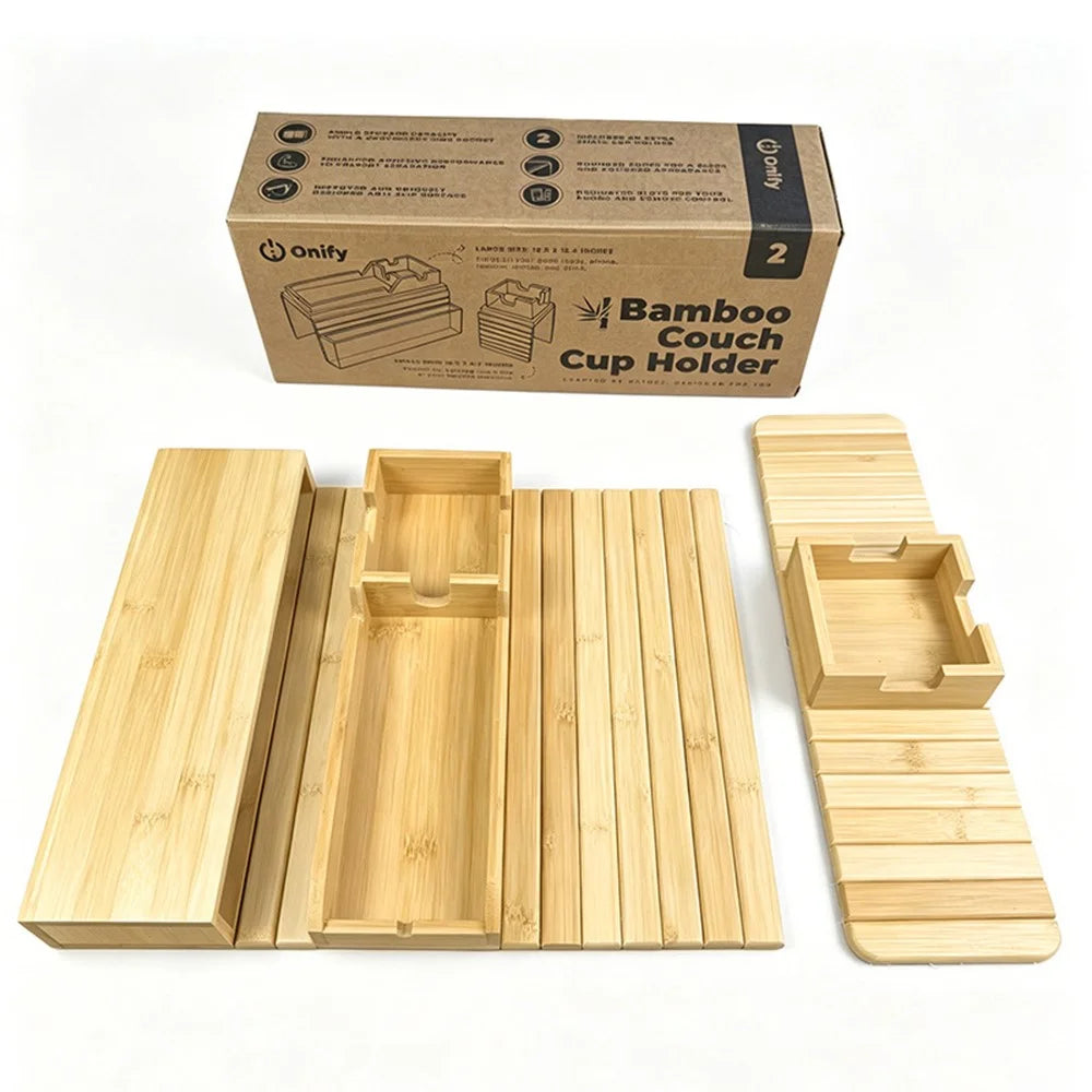 2Pcs Bamboo Sofa Armrest Tray Set Couch Arm Table with Cup Holder Remote Storage for Couch Living Room - Bamboo Color - 1