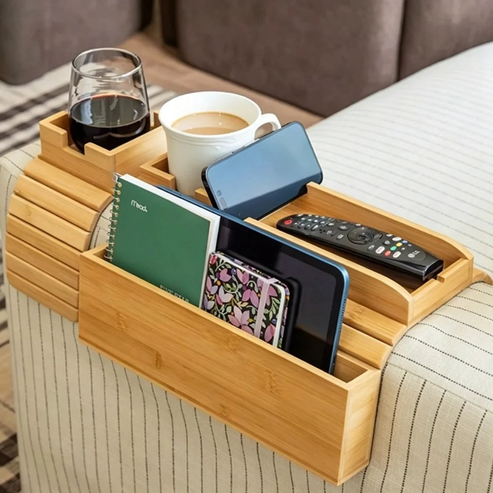 2Pcs Bamboo Sofa Armrest Tray Set Couch Arm Table with Cup Holder Remote Storage for Couch Living Room - Bamboo Color - 2