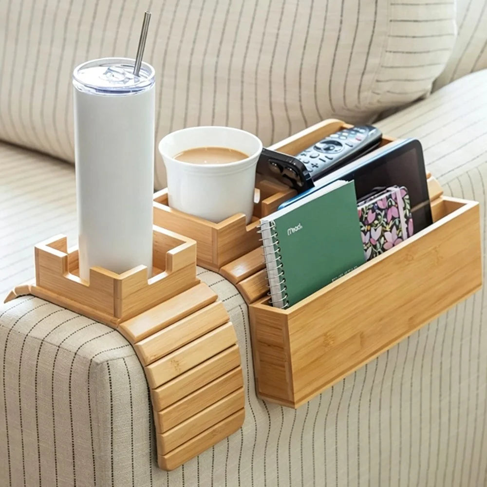2Pcs Bamboo Sofa Armrest Tray Set Couch Arm Table with Cup Holder Remote Storage for Couch Living Room - Bamboo Color - 3