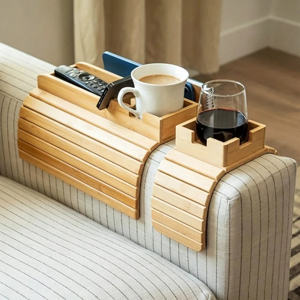 2Pcs Bamboo Sofa Armrest Tray Set Couch Arm Table with Cup Holder Remote Storage for Couch Living Room - Bamboo Color - 4