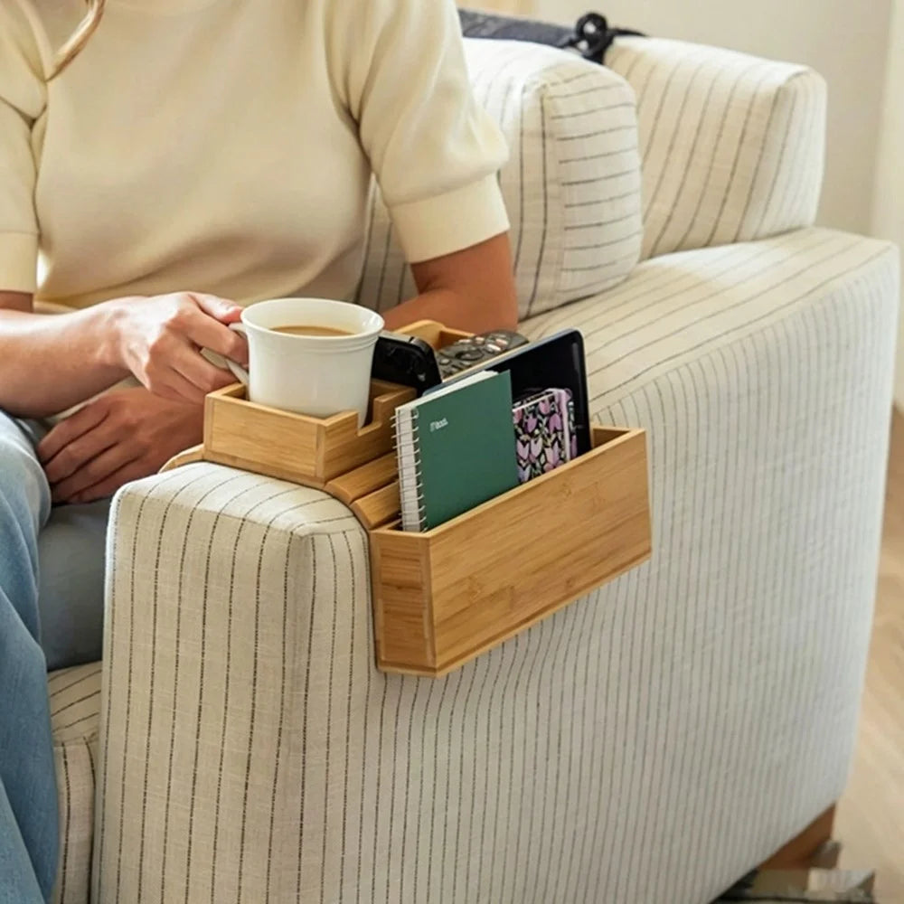 2Pcs Bamboo Sofa Armrest Tray Set Couch Arm Table with Cup Holder Remote Storage for Couch Living Room - Bamboo Color - 5