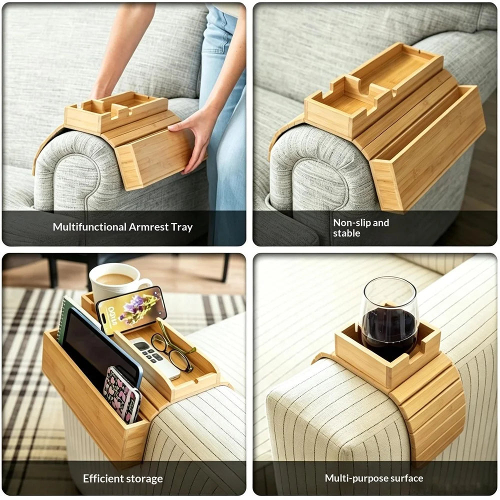 2Pcs Bamboo Sofa Armrest Tray Set Couch Arm Table with Cup Holder Remote Storage for Couch Living Room - Bamboo Color - 6