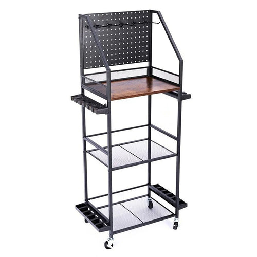 3-Tier Fishing Rod Holder Rolling Storage Cart 12 Rods Organizer with Pegboard and Hooks - Black - 1
