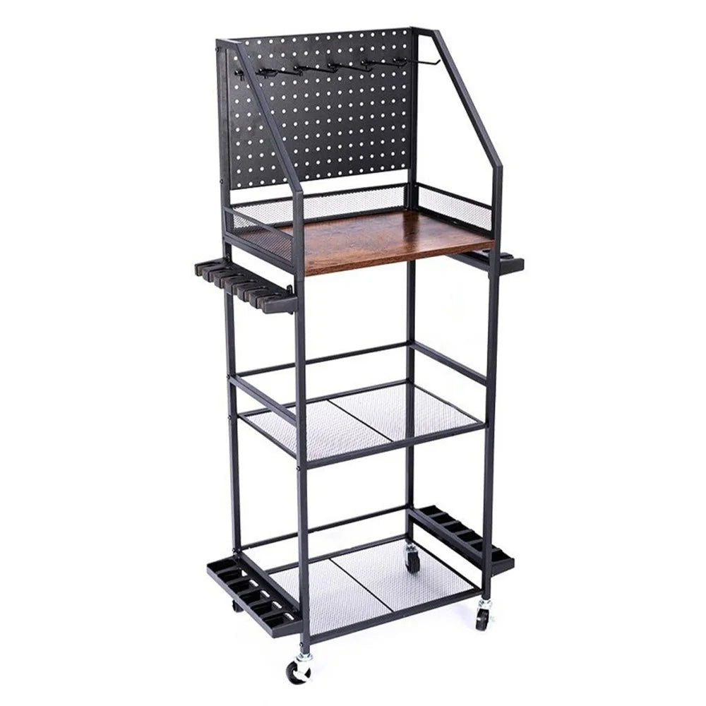 3-Tier Fishing Rod Holder Rolling Storage Cart 12 Rods Organizer with Pegboard and Hooks - Black - 1