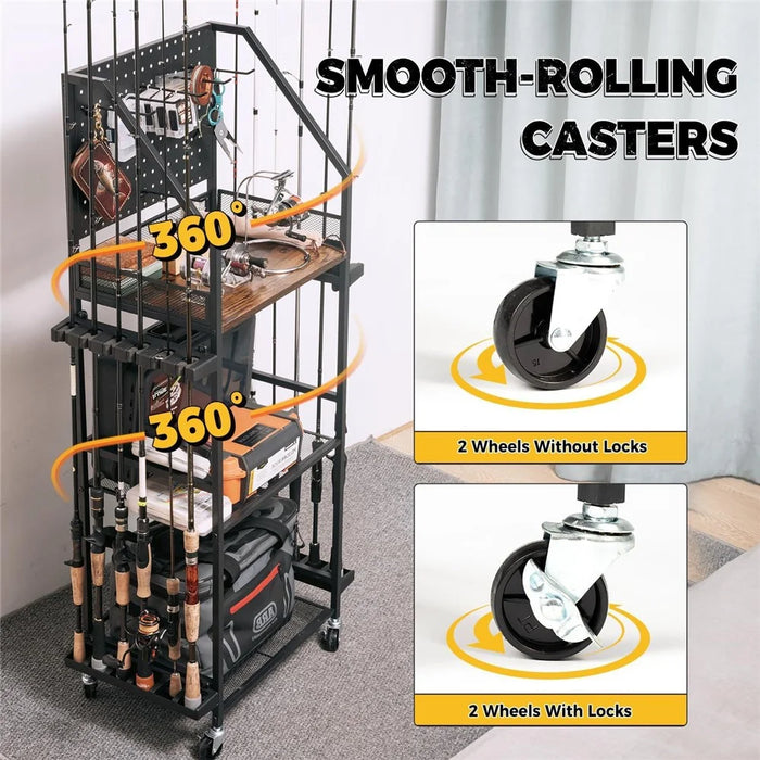 3-Tier Fishing Rod Holder Rolling Storage Cart 12 Rods Organizer with Pegboard and Hooks - Black - 2