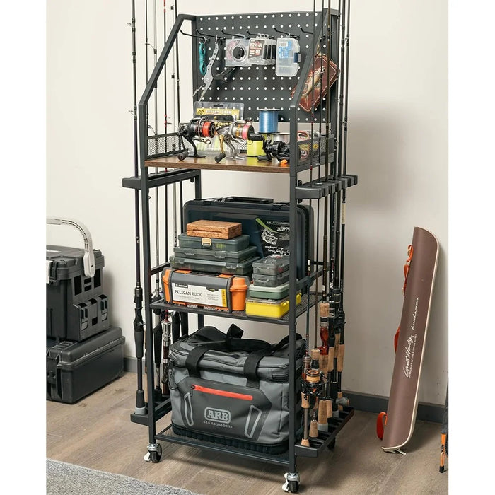 3-Tier Fishing Rod Holder Rolling Storage Cart 12 Rods Organizer with Pegboard and Hooks - Black - 4