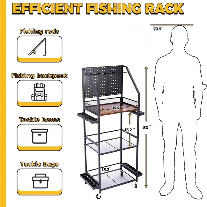 3-Tier Fishing Rod Holder Rolling Storage Cart 12 Rods Organizer with Pegboard and Hooks - Black - 5