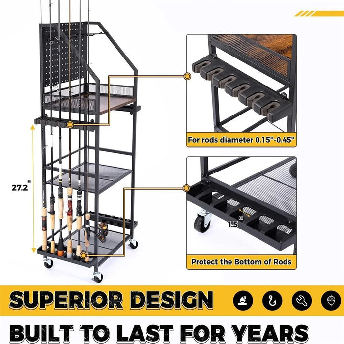 3-Tier Fishing Rod Holder Rolling Storage Cart 12 Rods Organizer with Pegboard and Hooks - Black - 6
