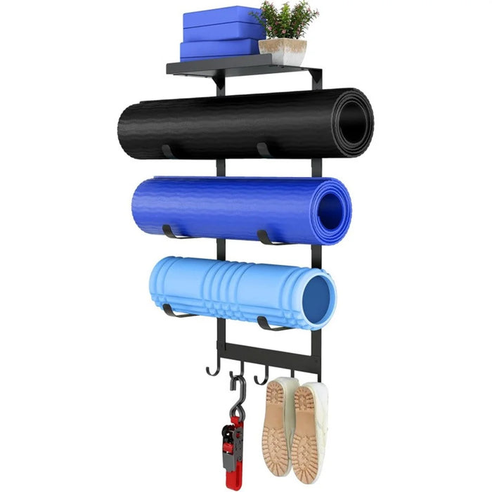 Yoga Mat Holder Wall Mount Storage Rack 3 Tier Storage Organizer with Hooks for Home Gym Equipment - Black - 1