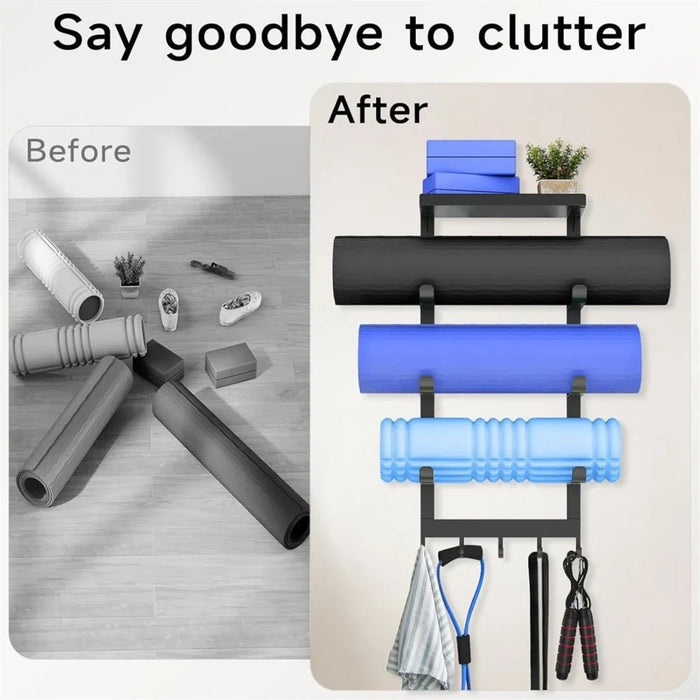 Yoga Mat Holder Wall Mount Storage Rack 3 Tier Storage Organizer with Hooks for Home Gym Equipment - Black - 4