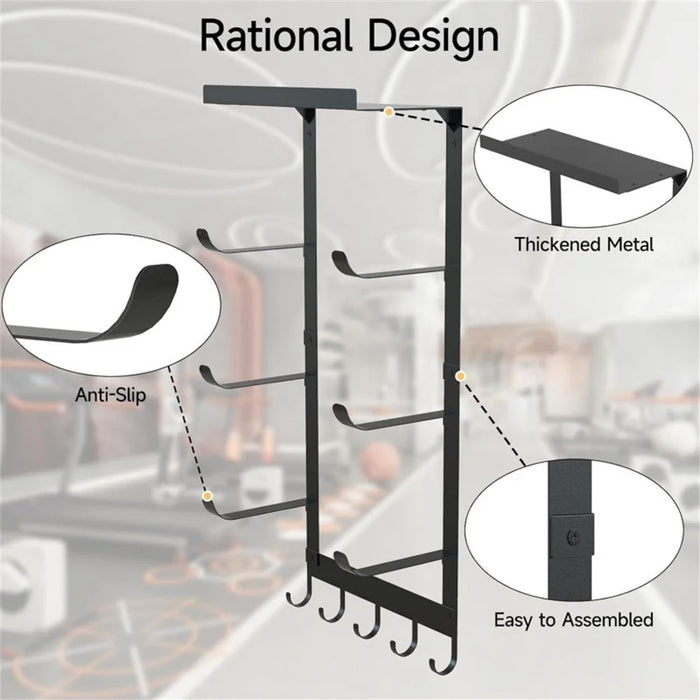 Yoga Mat Holder Wall Mount Storage Rack 3 Tier Storage Organizer with Hooks for Home Gym Equipment - Black - 5