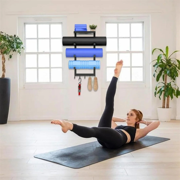 Yoga Mat Holder Wall Mount Storage Rack 3 Tier Storage Organizer with Hooks for Home Gym Equipment - Black - 6