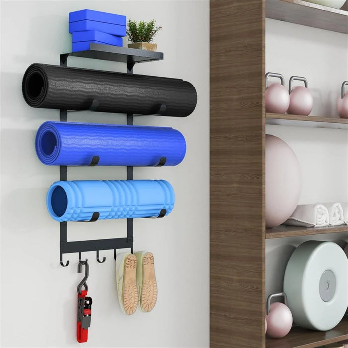 Yoga Mat Holder Wall Mount Storage Rack 3 Tier Storage Organizer with Hooks for Home Gym Equipment - Black - 7