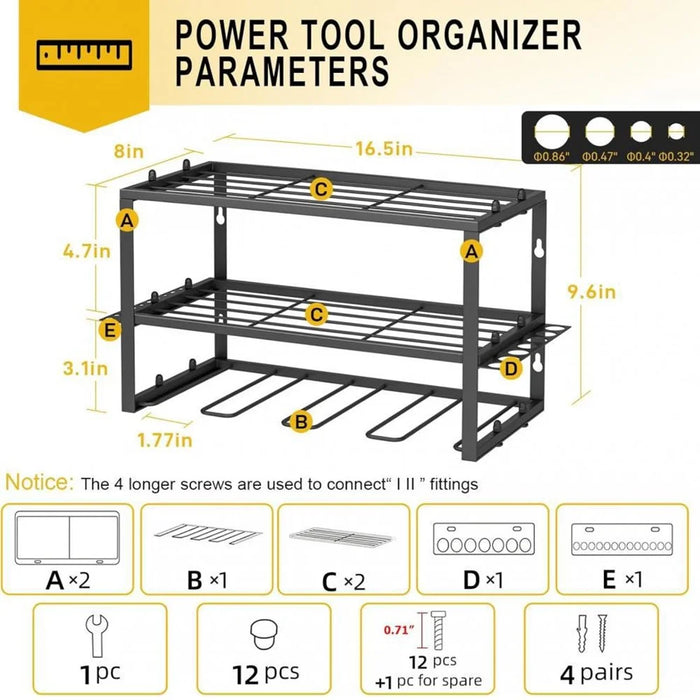 3 Tier Wall Mount Drill Tool Storage Rack 160LBS Heavy Duty Steel Organizer for Garage Workshop - Black - 7