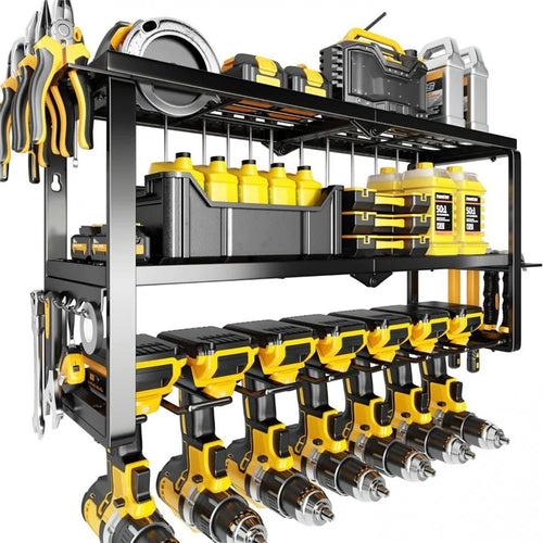 7 Drill Holder 3-Tier Wall Mount Power Tool Storage Rack Garage Organizer for Workshop - Black - 1